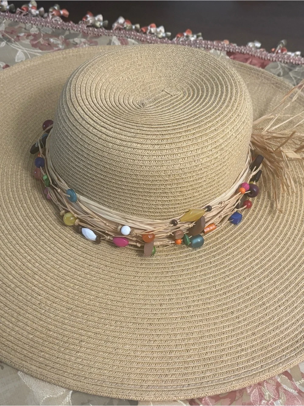 Beaded Raffia Wide-Brim Sun Hat in Tan